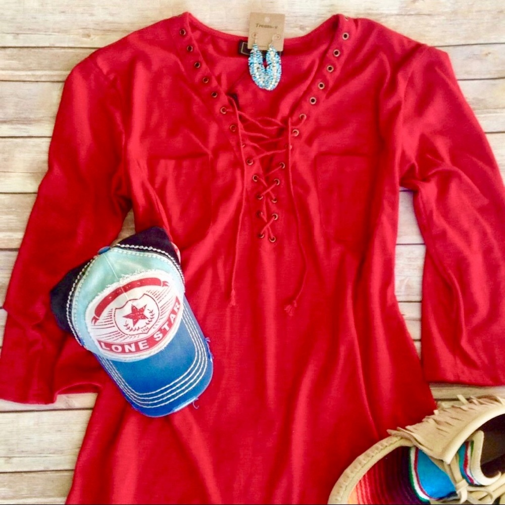 L&B Red Lace Up 3/4 Length Sleeve Top - Picture 1 of 3